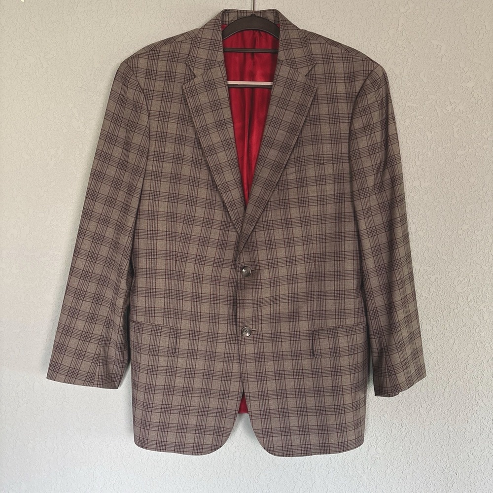 J. Hilburn Men's 44R Gray/Red Plaid Lined Italian Wool Blazer Jacket 2 Button